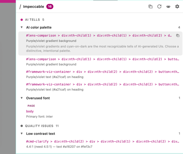 Screenshot of the Impeccable Chrome extension highlighting anti-patterns on a webpage
