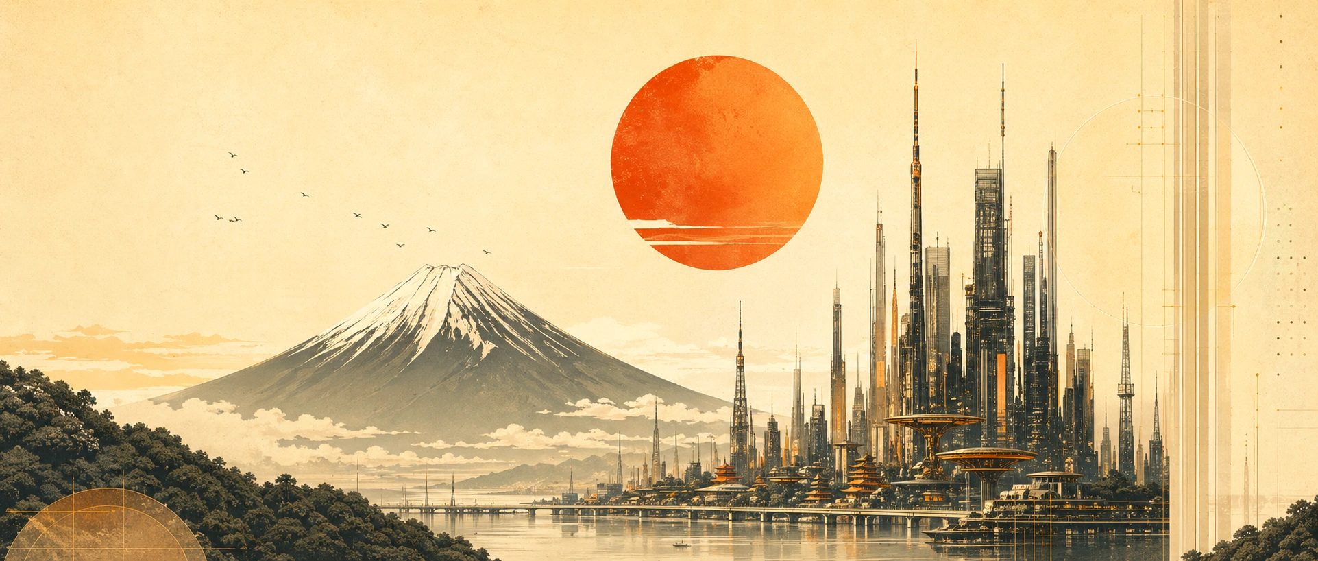 Mount Fuji and a golden future city beneath a red sun.